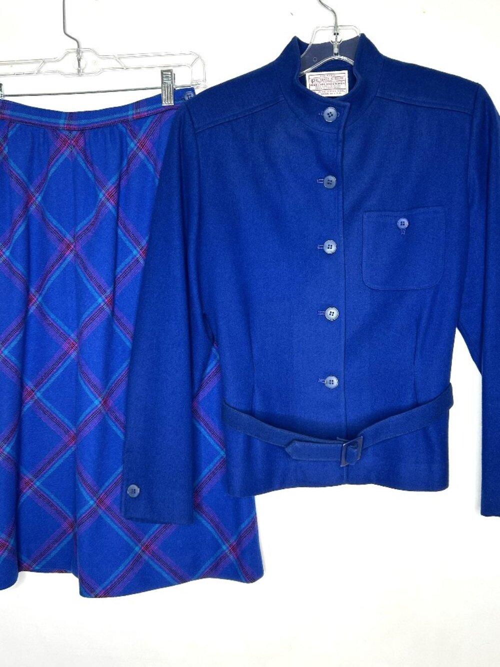 Vintage 1980s Pendleton Woman’s Skirt Suit 8P 100% Virgin Wool Cobalt Blue Plaid